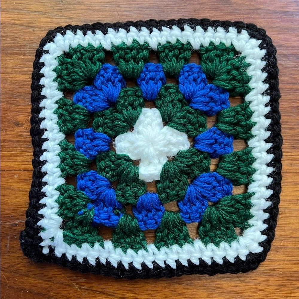 Crochet Granny Square with Green and blue Accents - Picture 1 of 5